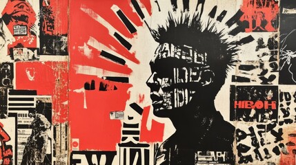 A black and white silhouette of a punk rock person with a mohawk and a red, black, and white collage in the background.