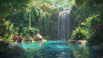 Enchanted Digital Jungle Oasis with Exotic Flora, Animated Fauna, and Serene Waterfall Pool