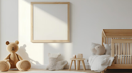 Mock up frame close up in children room with natural wooden furniture