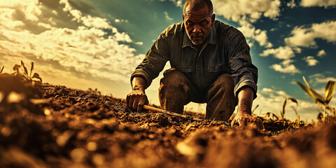 Farmer's Labor: A man tilling a soil with a pitchfork, his strong back and focused gaze reflecting a life dedicated to the land.
