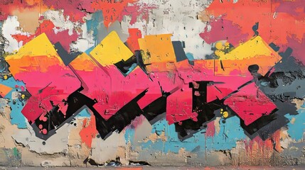 Fototapeta premium Graffiti-covered concrete wall with chipped edges, bold tags in vibrant colors, surrounded by weather stains, front view, representing artistic rebellion, digital tone