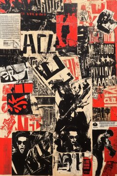 A collage of black and red abstract shapes and textures.