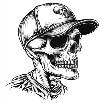 A detailed illustration of a skull wearing a baseball cap with a small skull embroidered on the front.