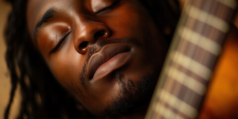 Musician's Inspiration: A musician lost in melody as they strum a guitar, their eyes closed and face uplifted in creative surrender.