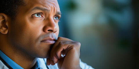 Thoughtful Doctor: A portrait of a man wearing a stethoscope, deep in thought.