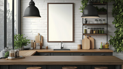 Mock up poster frame in kitchen interior, Farmhouse style