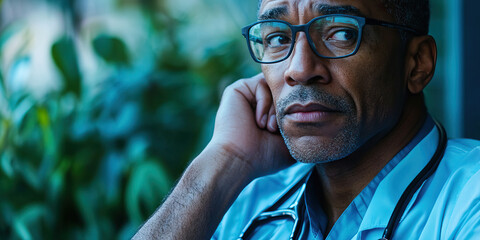 Thoughtful Doctor: A portrait of a man wearing a stethoscope, deep in thought.
