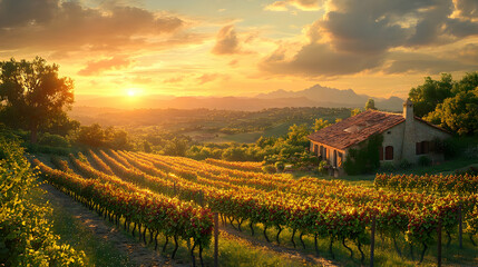 Naklejka premium Vineyard Sunset Landscape with House Illustration