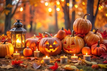 Fototapeta premium Halloween: Pumpkins in an orange park. Many different sized pumpkins, 2 jack-o-lanterns, on the left a candle lantern with a pumpkin top, garlands of small lanterns, foliage