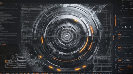 A 3D rendering of a futuristic logo design in progress, with wireframes and textures being applied in a graphics program.