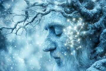 Frozen face of a wise tree figure symbolizing the quiet wisdom of nature blending elements of mysticism ancient forest spirits and the serenity of winter