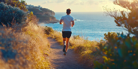 Athlete's Strong Stride: A man running along a scenic coastal path.