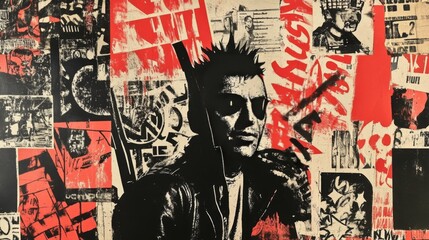 Obraz premium A man with spiky hair and sunglasses is depicted in a black and white illustration, surrounded by red and black typography.