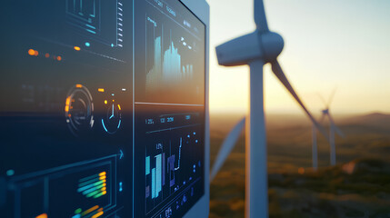 Modern wind turbine with a detailed energy data analytics dashboard in the foreground, displaying real-time statistics and graphs for effective power production monitoring