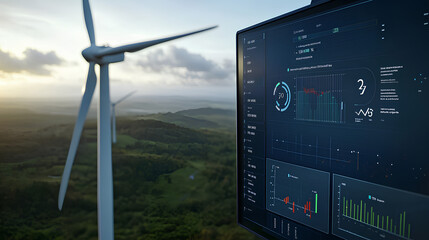 Modern wind turbine with a detailed energy data analytics dashboard in the foreground, displaying real-time statistics and graphs for effective power production monitoring