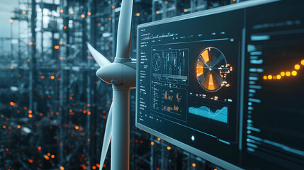 Modern wind turbine with a detailed energy data analytics dashboard in the foreground, displaying real-time statistics and graphs for effective power production monitoring