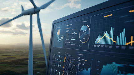 Modern wind turbine with a detailed energy data analytics dashboard in the foreground, displaying real-time statistics and graphs for effective power production monitoring