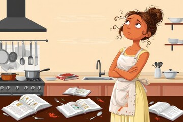 Stylized flat illustration of a thoughtful woman standing in a cozy, modern kitchen, surrounded by open recipe books and scattered utensils, with a puzzled expression on her round, caramel-colored