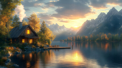 Fototapeta premium Cabin by the Lake with Mountain Views Illustration