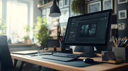 Modern Workspace with Computer and Desk Setup - Realistic Image