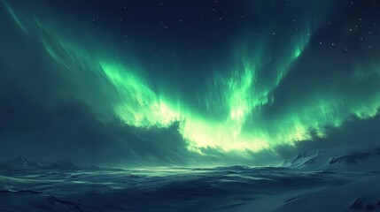 Fototapeta premium A captivating Aurora Borealis scene over a remote Arctic landscape with a blanket of snow and a clear, dark sky.