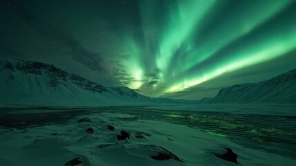 Naklejka premium A captivating Aurora Borealis scene over a remote Arctic landscape with a blanket of snow and a clear, dark sky.