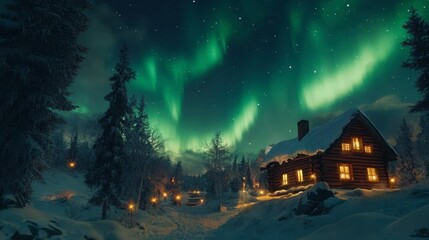 Fototapeta premium A captivating view of the Aurora Borealis above a snowy landscape, with a rustic wooden cabin and glowing windows in the foreground.