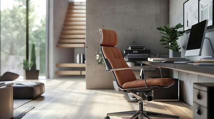 Modern Home Office Interior Design with Brown Leather Chair