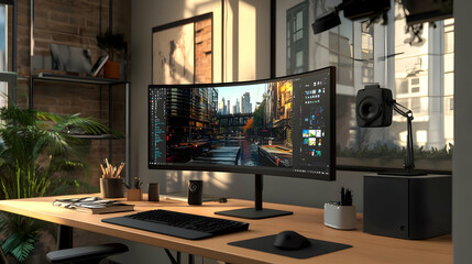 Modern Home Office Setup with Curved Monitor and Cityscape Wallpaper