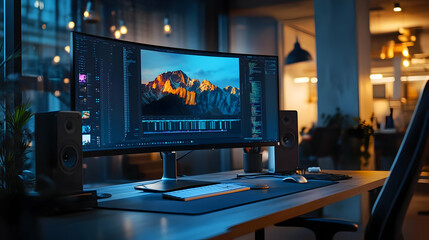 Curved Monitor Desktop Setup with Mountain Landscape Illustration