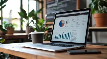 Laptop on Wooden Desk Displaying Data Analysis in Home Office
