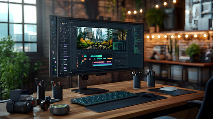 Video Editing Workstation with Monitor, Keyboard and Mouse - 3D Illustration