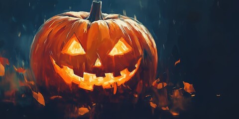 Fototapeta premium Jack-o'-lantern glowing ominously with flying leaves, spooky Halloween scene