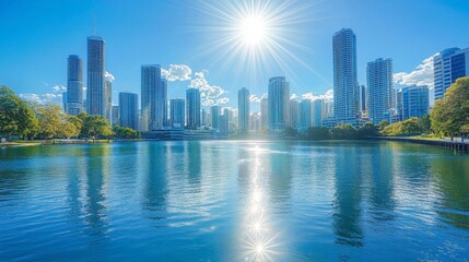 Fototapeta premium A city river with modern skyscrapers lining the banks, reflecting in the water on a sunny day.