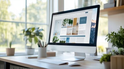 A clean, minimalist website design template displayed on a large monitor, with a creative workspace in the background.