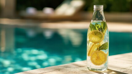 Obraz premium A clear glass bottle with infused water, filled with lemon slices and mint, sitting on a poolside table on a sunny day, evoking freshness and relaxation.