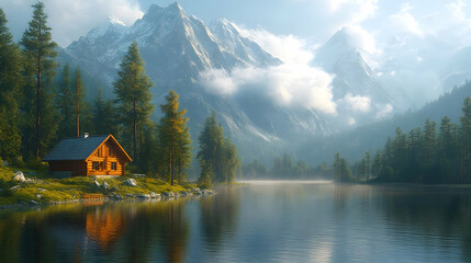 Fototapeta premium Cabin by the Lake in the Mountains - 3D Illustration