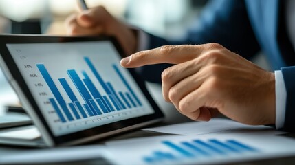 A close-up of a financial advisor pointing to a bar graph on a digital tablet, showing investment performance.