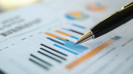 A close-up of a pen pointing to a bar graph on a financial report, highlighting key data points.