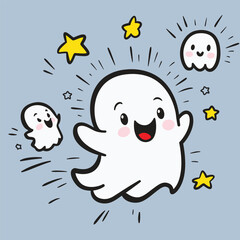 This is a cute cartoon illustration of a ghost with a big smile and big eyes.