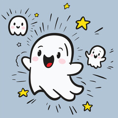 This is a cute cartoon illustration of a ghost with a big smile and big eyes.