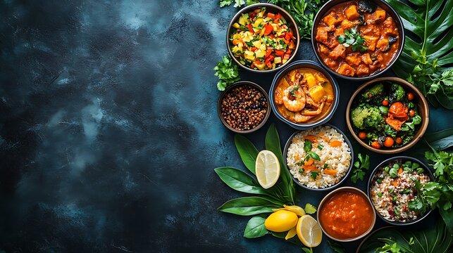 A vibrant and colorful arrangement of famous world dishes, providing ample room for text, tailored for food promotions and advertising