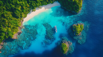 Top Down View Of Tropical Island With Boat And Vibrant Coral Reefs