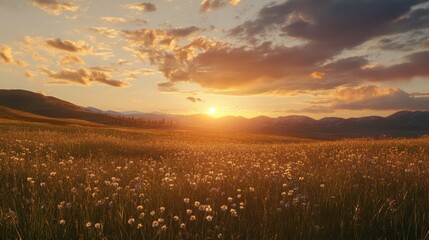 Obraz premium A cloud-filled sky during golden hour, casting warm light over a sprawling meadow.