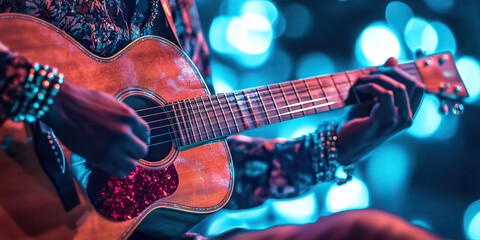 Naklejka premium Passionate Performer: A musician playing a guitar, lost in the music onstage.