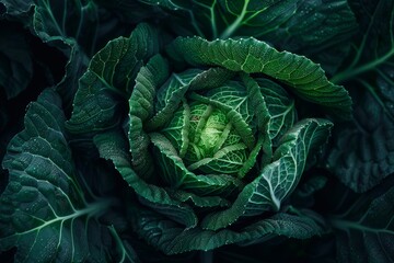 Obraz premium An overhead view of a fresh green cabbage surrounded by lush leaves, showcasing natural textures and vibrant colors.