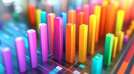 Obraz premium A colorful 3D bar graph illustrating sales performance, with growth indicators highlighted in bright colors.