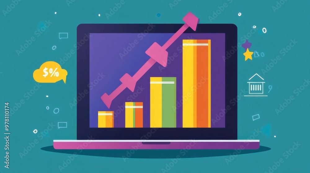 Wall mural a colorful bar graph showing customer growth trends, with percentage increases highlighted on a lapt