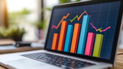 A colorful bar graph showing customer growth trends, with percentage increases highlighted on a laptop screen.