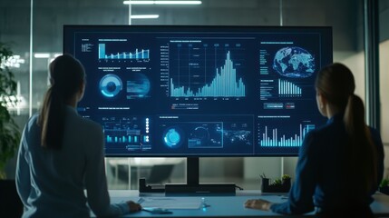 A design team presenting their project ideas on a large screen, with interactive charts and visuals in a collaborative workspace.